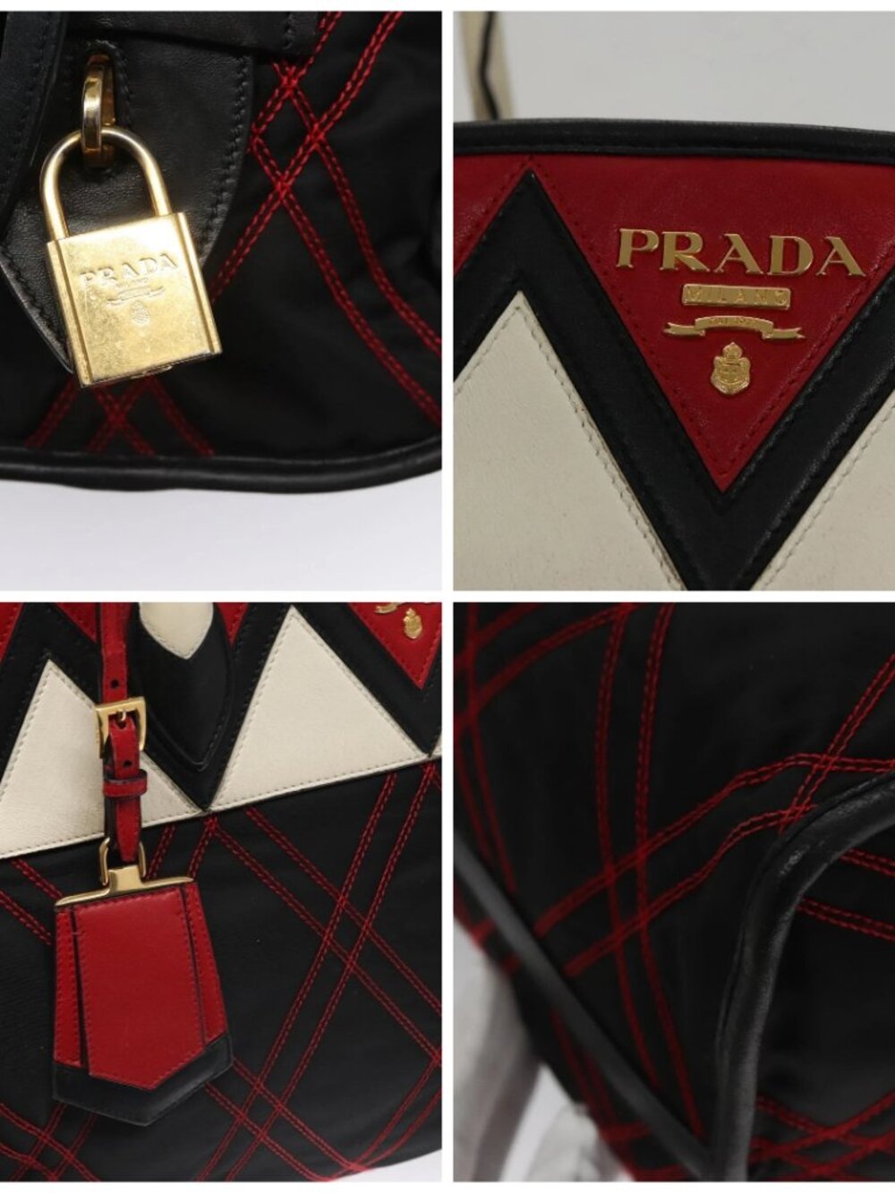 PRADA Hand Bag Nylon Black Red white Auth - Picture 13 of 16